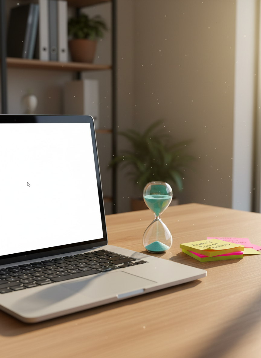 An open laptop displaying a blank, glowing document page, positioned on a tidy oak table, with a single cursor blinking at the top of the screen. Beside it sits a small hourglass filled with bright turquoise sand just beginning to fall, and a stack of neon sticky notes labeled with short, quirky writing prompts in tiny, indistinct text. Late-afternoon golden light streams in from the side, catching dust motes in the air and reflecting off the laptop’s metallic edge. The mood is playful and anticipatory, as if a burst of creativity is about to erupt. Captured in photographic realism at eye level with a moderate depth of field, the composition follows the rule of thirds, giving the laptop and hourglass equal visual weight in a modern, energetic workspace.