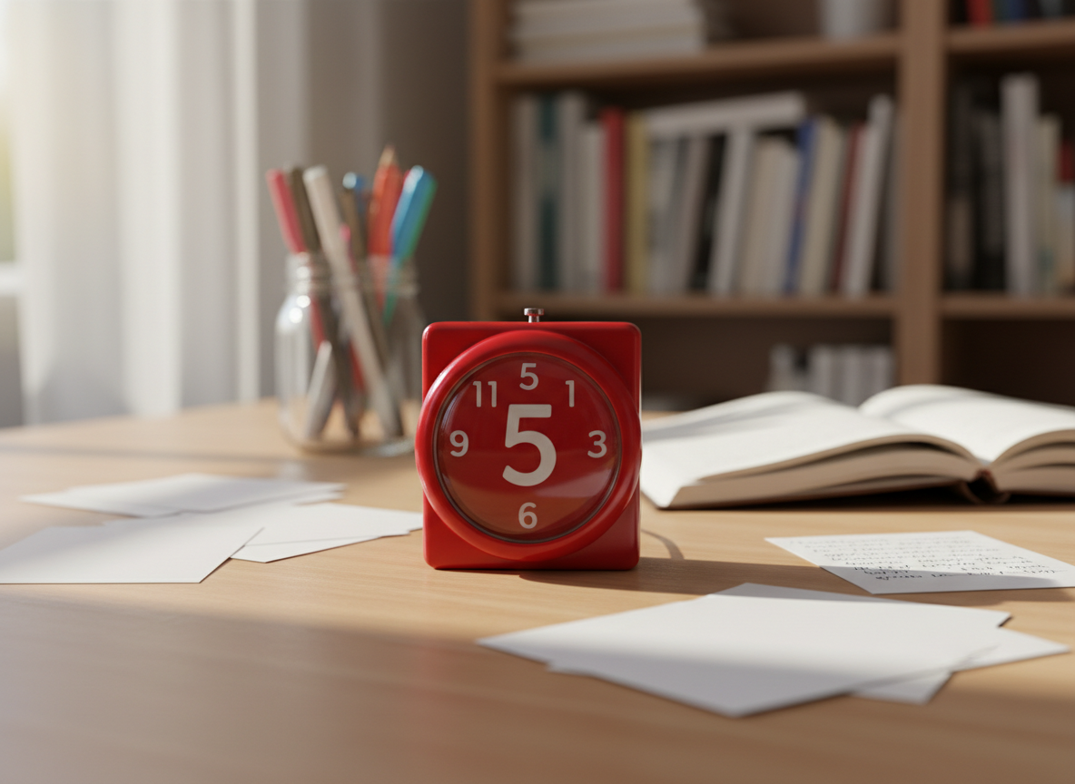 A compact, retro-style kitchen timer with a bright red glossy metal body and bold white numbers frozen at exactly five minutes, resting on a smooth, light-wood desk. Around it, scattered index cards and a small, well-used spiral notebook lie open, filled with tiny, handwritten scribbles blurred just out of legibility. Soft morning light from an unseen window washes across the surface, creating gentle reflections on the timer’s curved face and casting a playful, rounded shadow. Photographic realism with a shallow depth of field, shot at a slightly elevated angle, emphasizes the ticking urgency of a five-minute writing sprint, while the background melts into a warm, inviting bokeh of bookshelves and colorful pens in a jar.